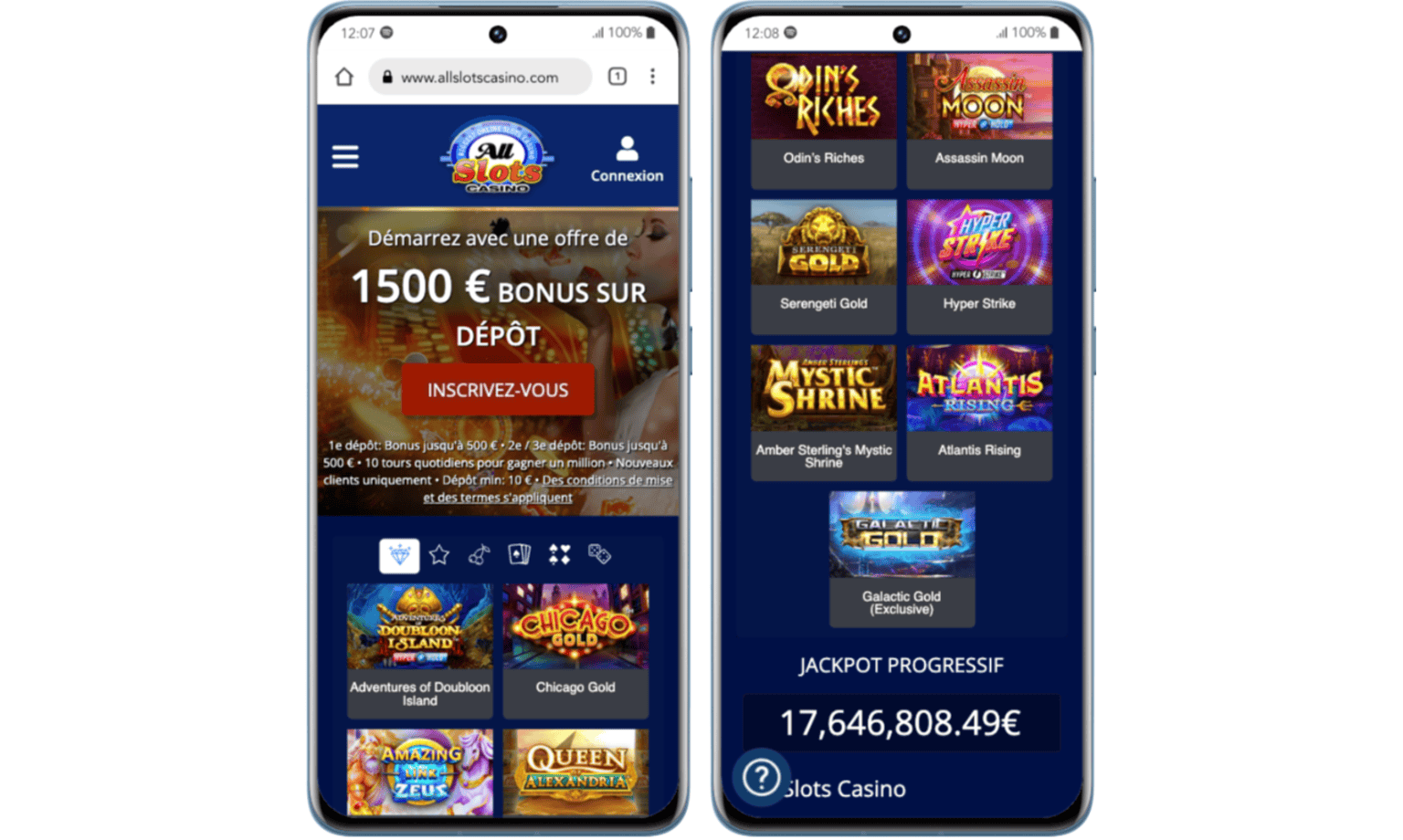 Page d'accueil avec bonus du casino All Slots
