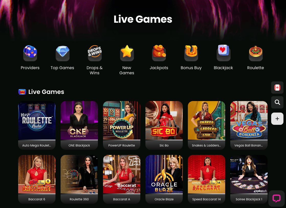Live games selection at Spinaro Casino