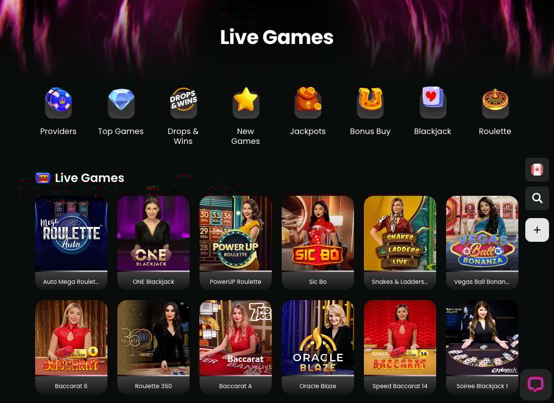 Live games selection at Spinaro Casino