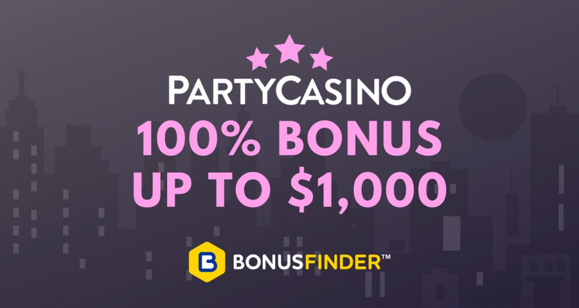 PartyCasino logo with text saying: 100% bonus up to $1,000.