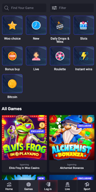 Woo Casino view from browser app