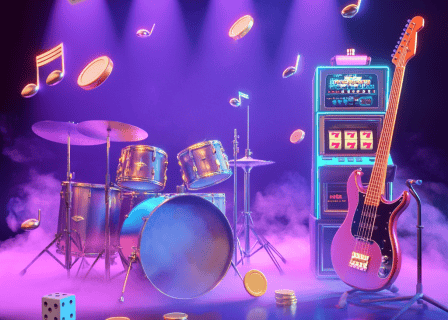 empty stage with drums, electric guitar, and slot machine