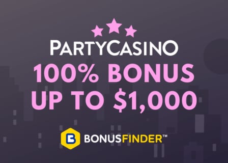 PartyCasino logo with text saying: 100% bonus up to $1,000.