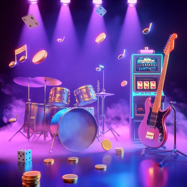 empty stage with drums, electric guitar, and slot machine