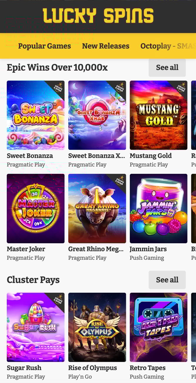 Mobile experience of Lucky Spins casino