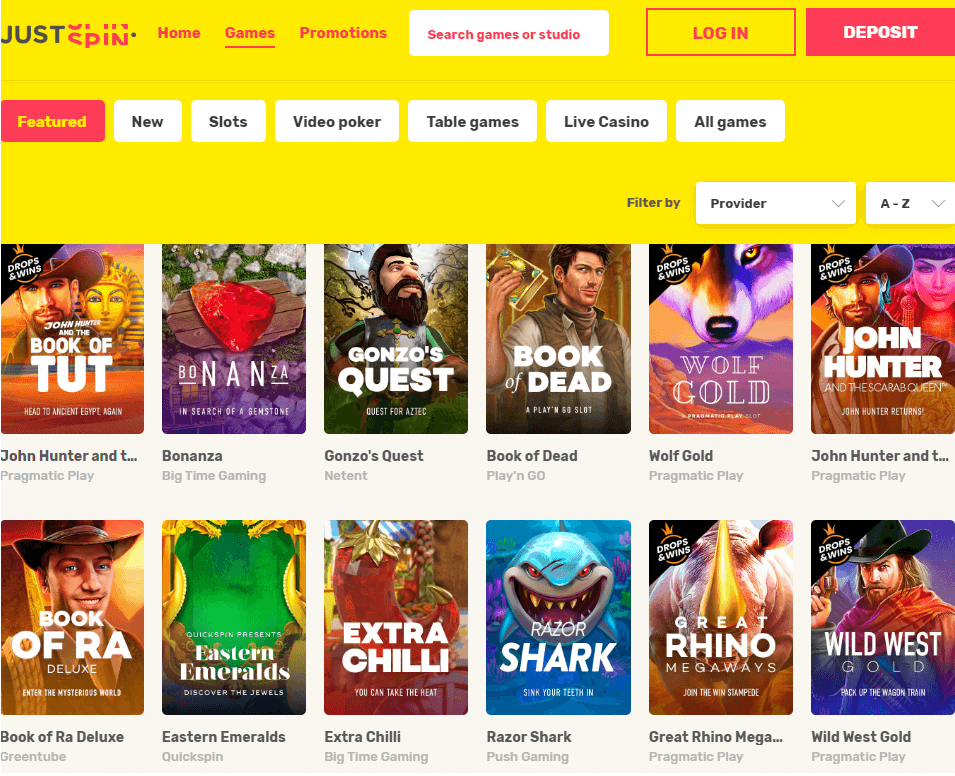 popular games at Just Spin Casino