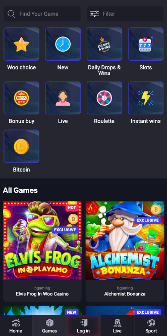 Woo Casino view from browser app