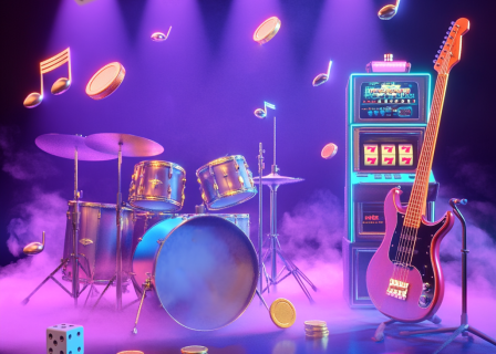 empty stage with drums, electric guitar, and slot machine